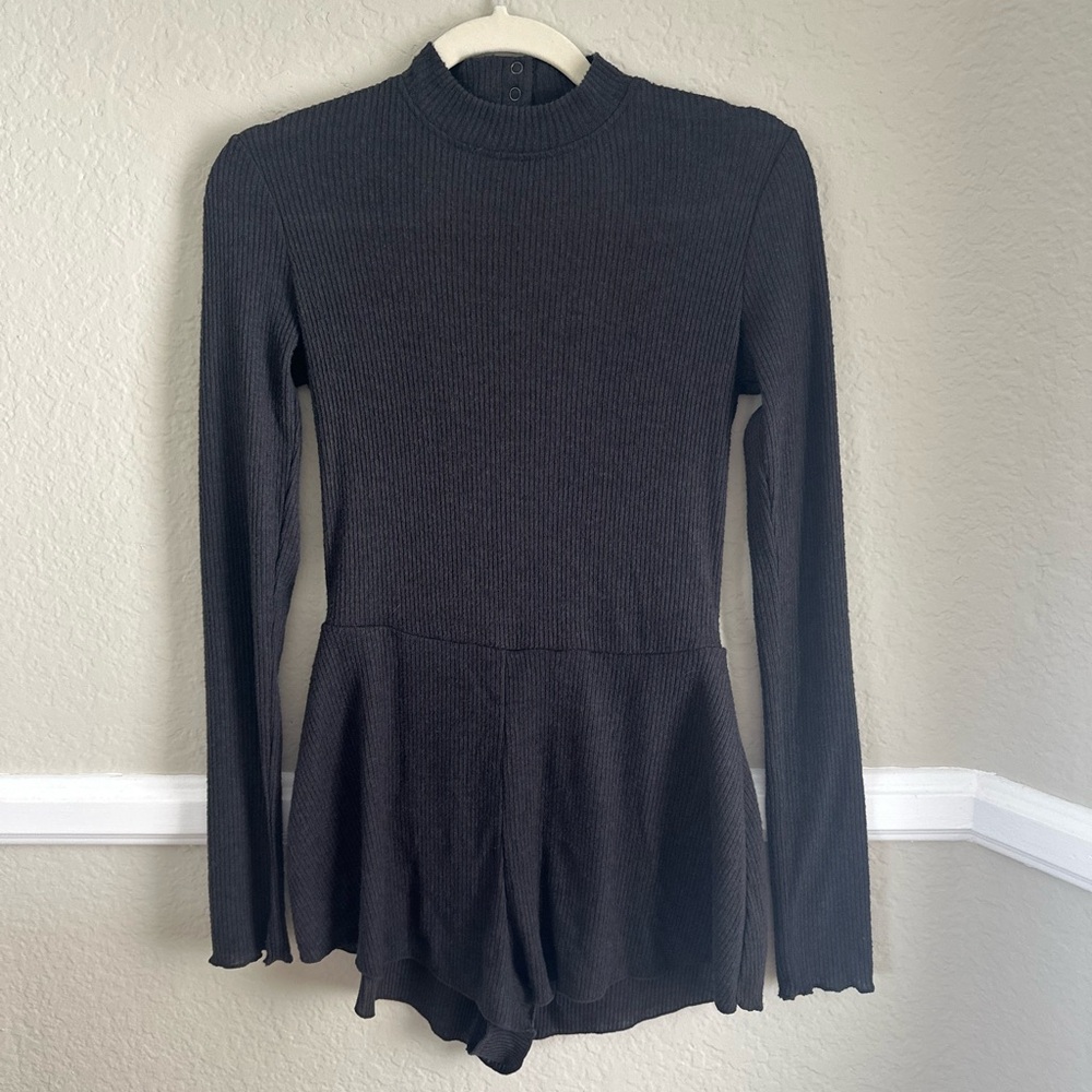 Charcoal Ribbed Long Sleeve Romper with open back